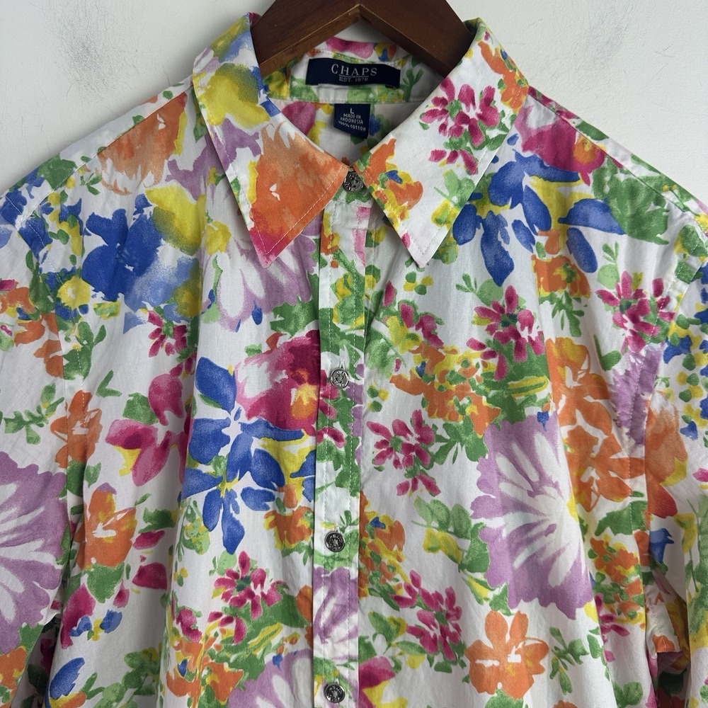 Chaps Classics 100% cotton pink Floral print 3/4 sleeve button front shirt L - Picture 3 of 8